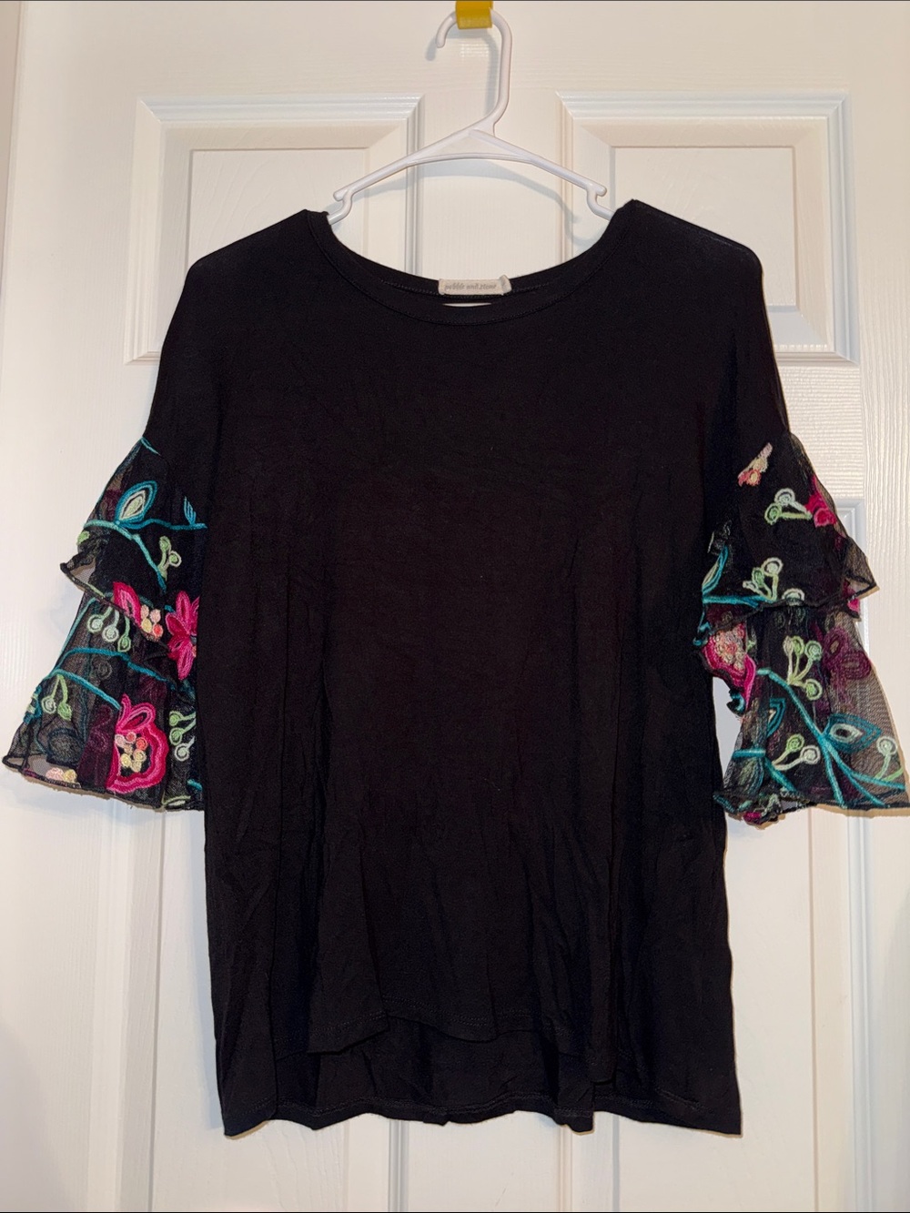 Black Women's Short Sleeve Top with Floral Embroidered Ruffle Sleeves
